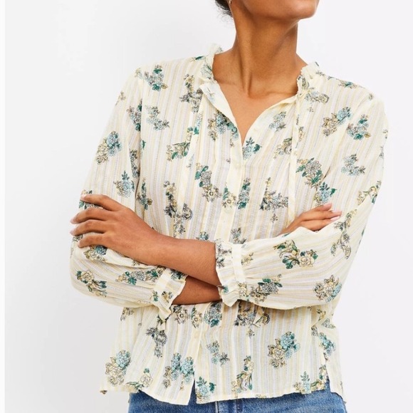 LOFT Tops - LOFT Floral Bouquet Ruffle Neck Button Front Cotton Blouse Large Peasant Boho